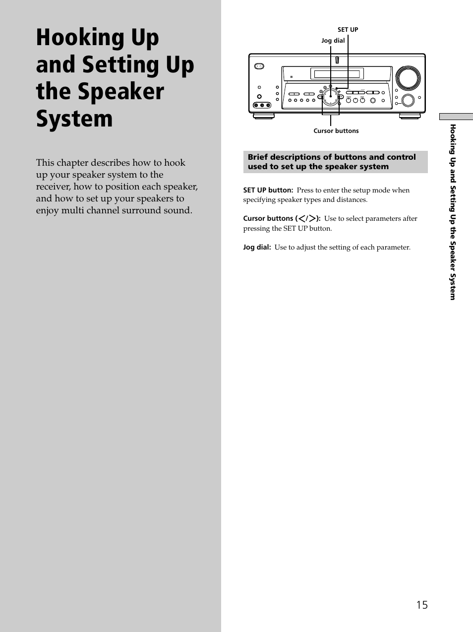 Hooking up and setting up the speaker system, Set up, Cursor buttons jog dial | Sony STR-DE875 User Manual | Page 15 / 72