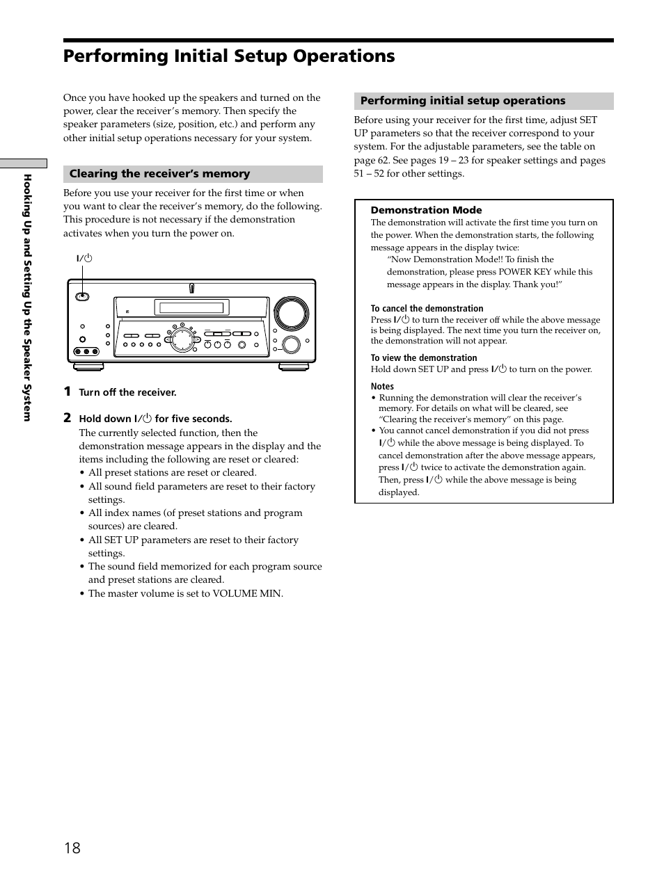 Performing initial setup operations 18, Performing initial setup operations, Hooking up and setting up the speaker system | Demonstration mode, Turn off the receiver | Sony STR-DE875 User Manual | Page 18 / 72