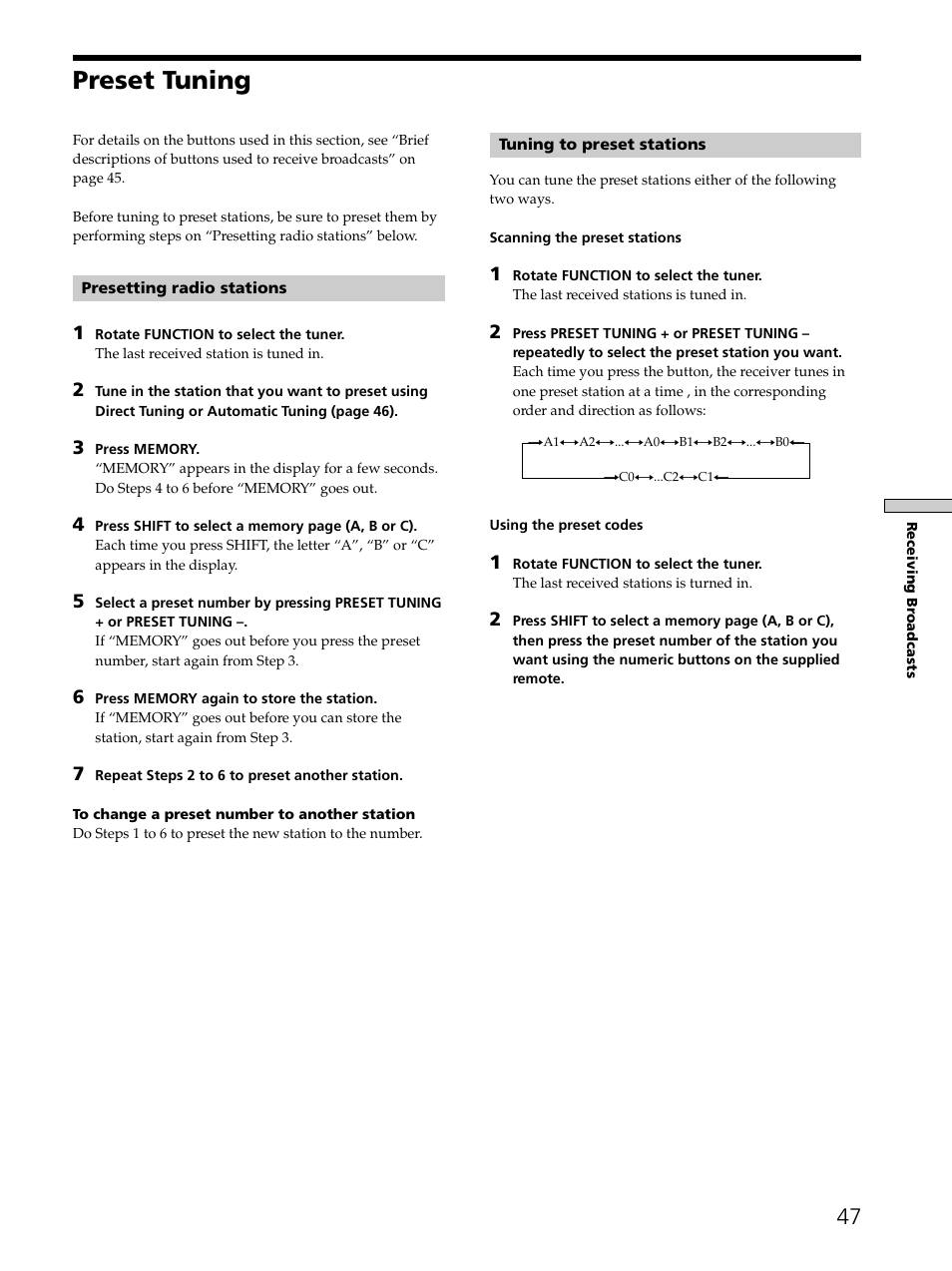 Preset tuning 47, Preset tuning | Sony STR-DE875 User Manual | Page 47 / 72