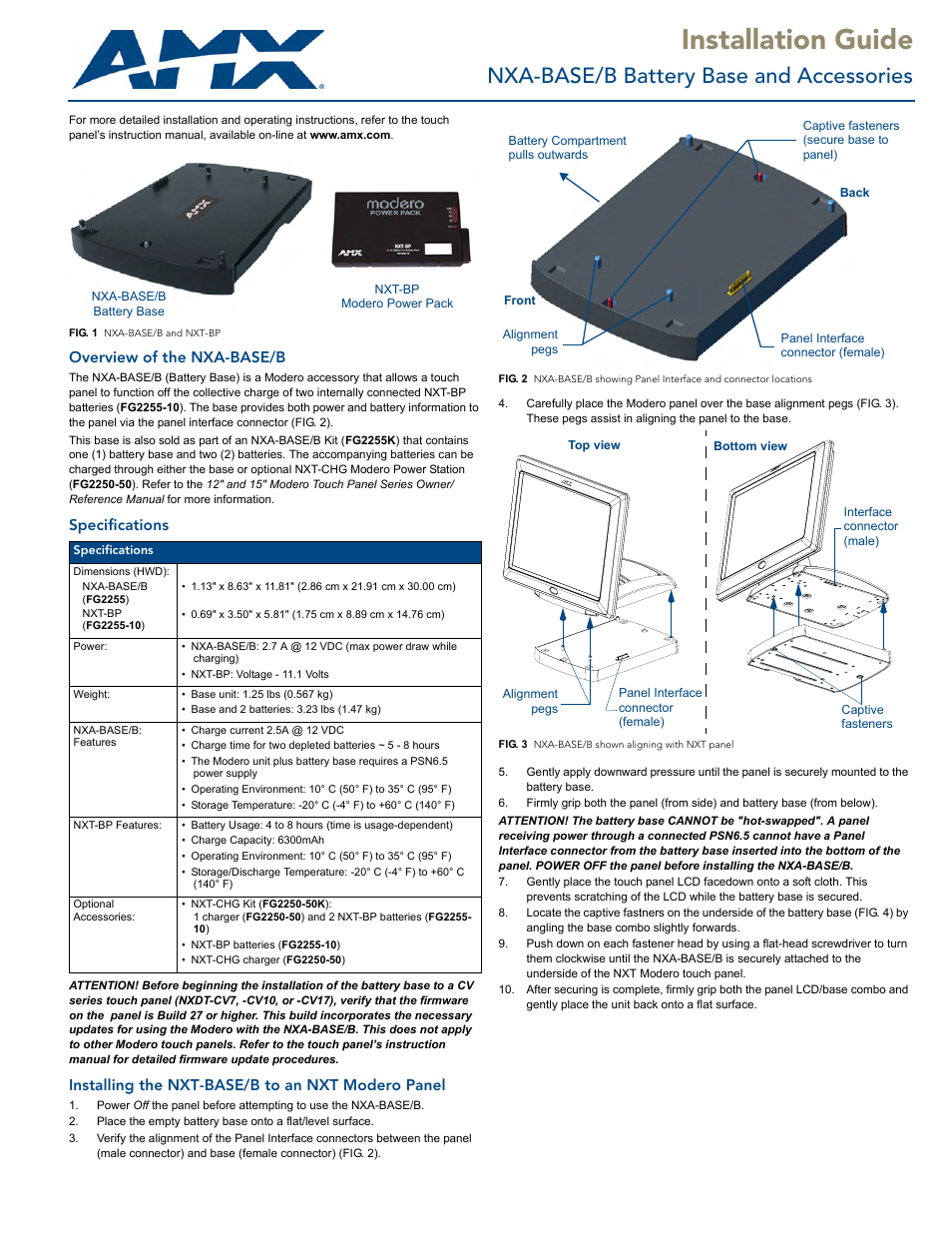 AMX Battery Base and Accessories NXA-BASE/B User Manual | 2 pages