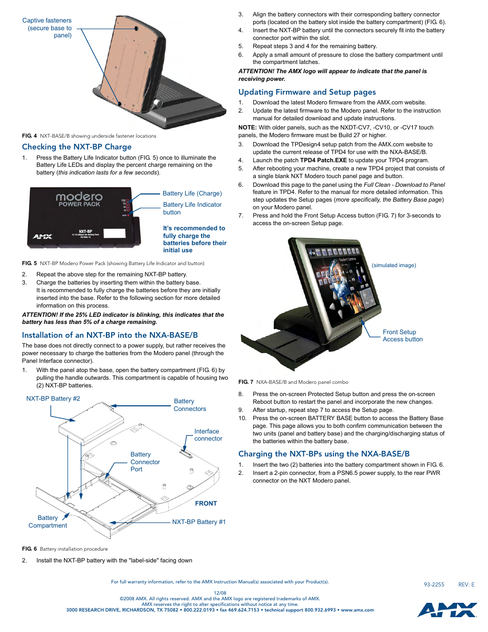 Checking the nxt-bp charge, Installation of an nxt-bp into the nxa-base/b, Charging the nxt-bps using the nxa-base/b | Updating firmware and setup pages | AMX Battery Base and Accessories NXA-BASE/B User Manual | Page 2 / 2