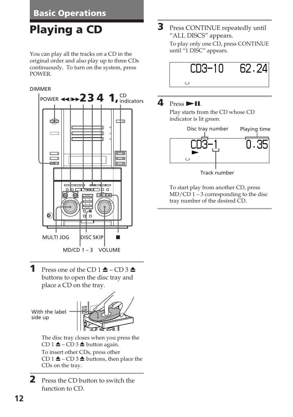 Playing a cd, 12 basic operations | Sony DHC-MD515 User Manual | Page 12 / 72