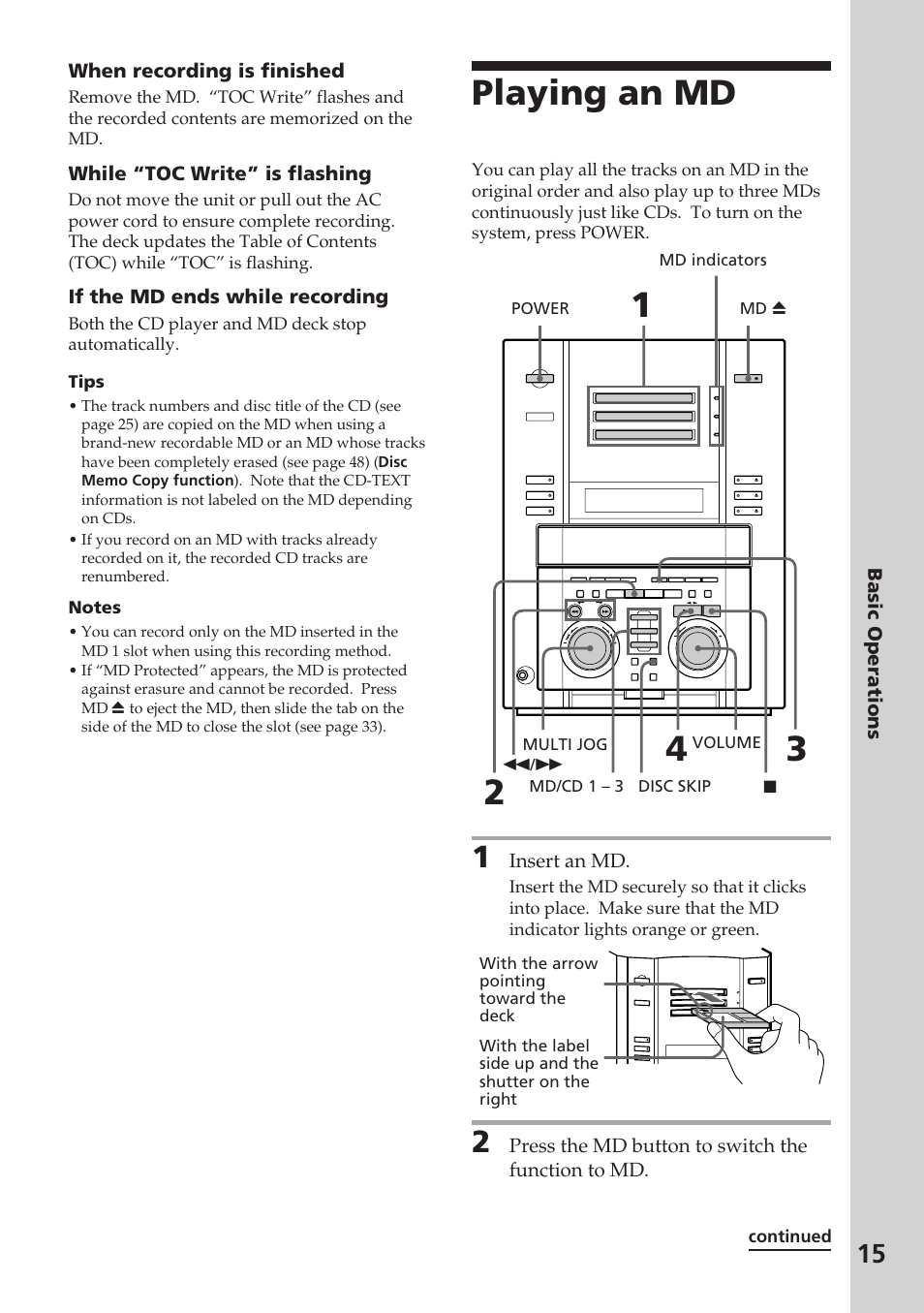 Playing an md | Sony DHC-MD515 User Manual | Page 15 / 72