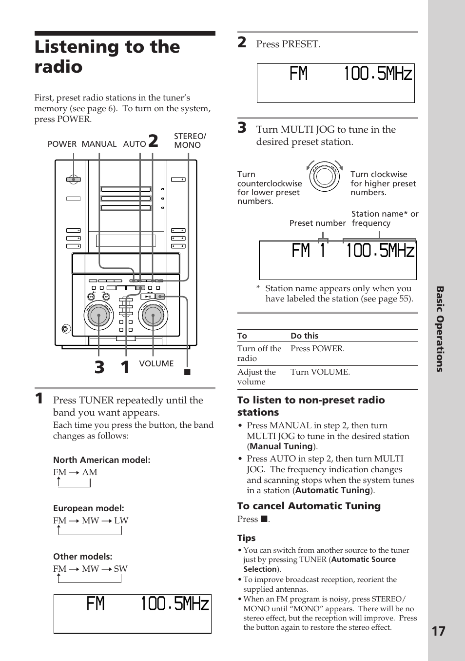 Fm oo. mhz 5 1, Fm 1o m 5 1 o. hz, Listening to the radio | Sony DHC-MD515 User Manual | Page 17 / 72