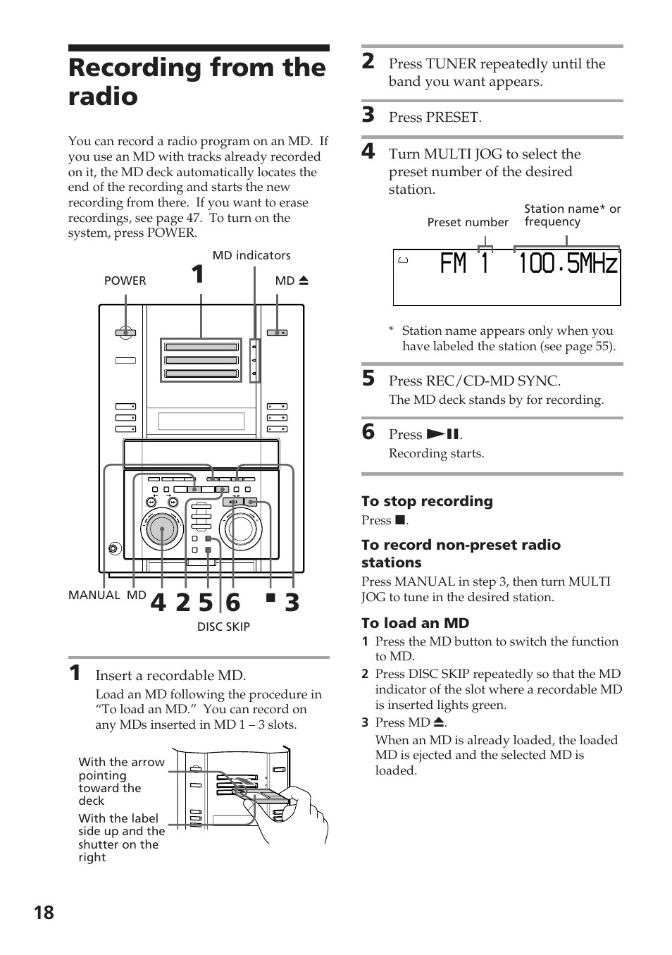 Fm 1o m 5 1 o. hz, Recording from the radio | Sony DHC-MD515 User Manual | Page 18 / 72