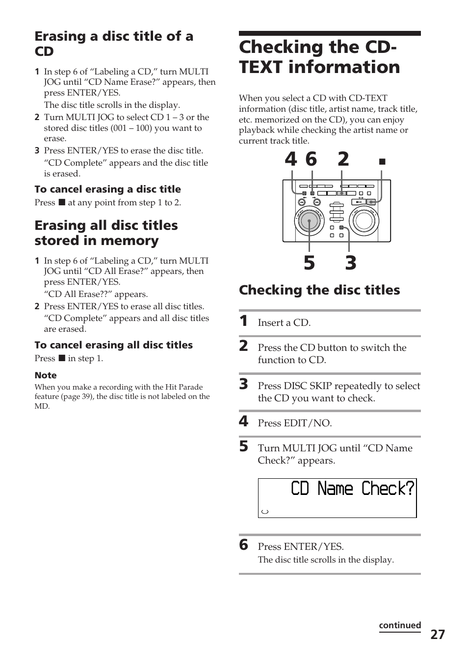 Checking the cd- text information, 27 erasing a disc title of a cd, Checking the disc titles | Sony DHC-MD515 User Manual | Page 27 / 72