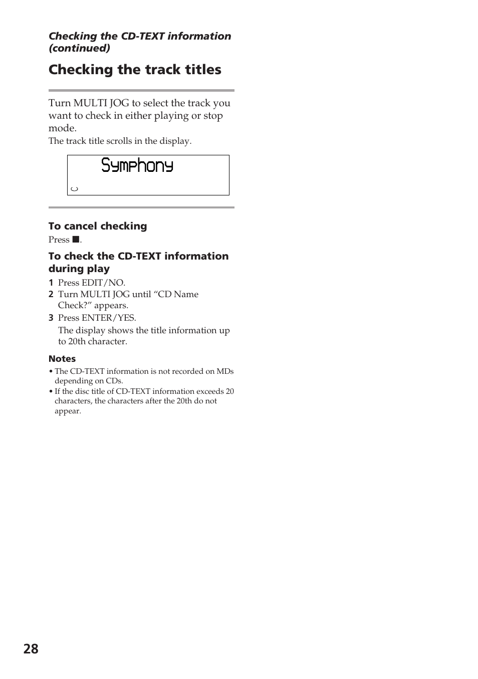 Symphony, 28 checking the track titles | Sony DHC-MD515 User Manual | Page 28 / 72