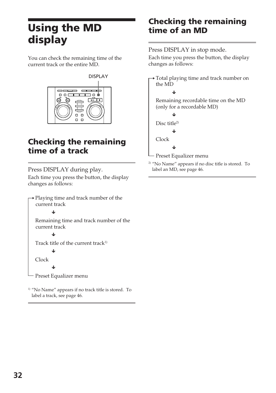 Using the md display, Checking the remaining time of a track, Checking the remaining time of an md | Sony DHC-MD515 User Manual | Page 32 / 72