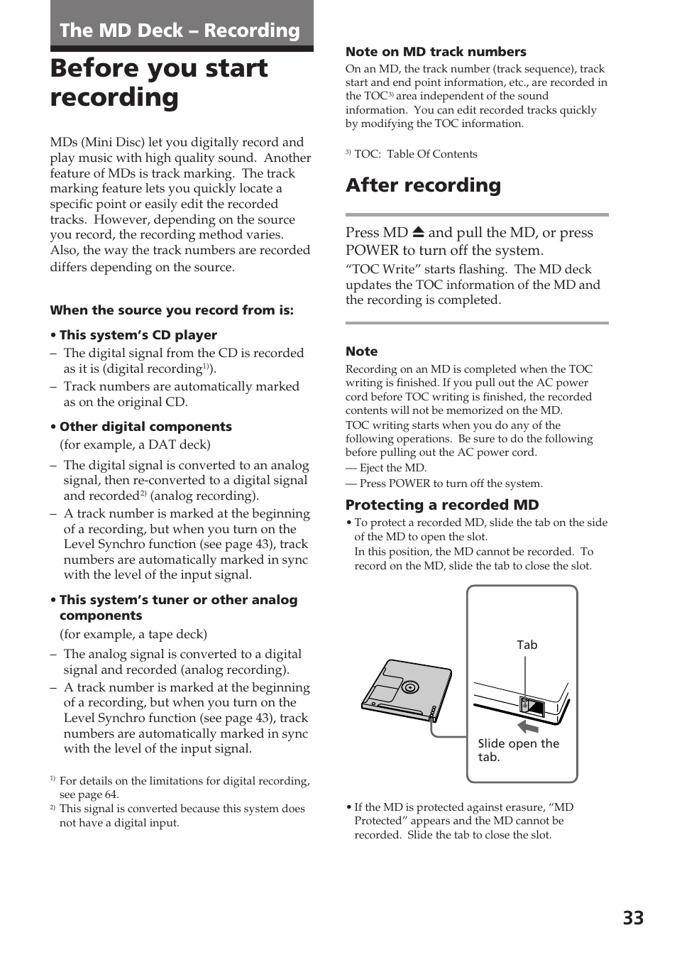 Before you start recording, After recording, The md deck – recording | Sony DHC-MD515 User Manual | Page 33 / 72