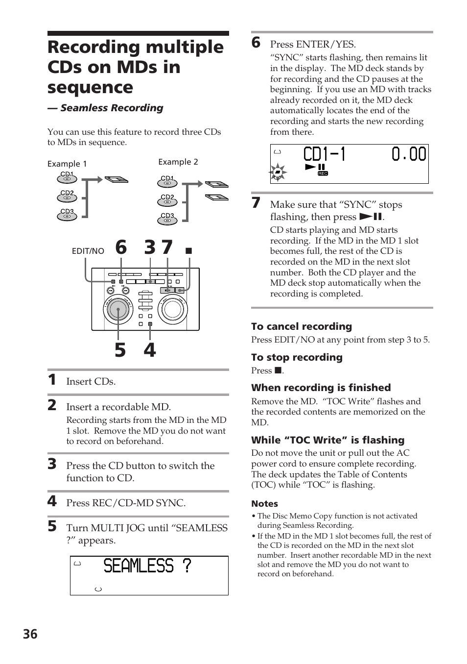 Seaml ss ? e, Recording multiple cds on mds in sequence | Sony DHC-MD515 User Manual | Page 36 / 72