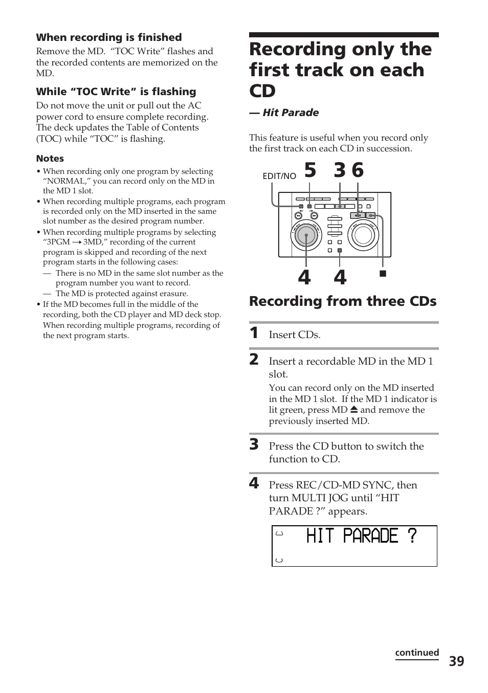 Hit par ? ade, Recording only the first track on each cd, Recording from three cds | Sony DHC-MD515 User Manual | Page 39 / 72