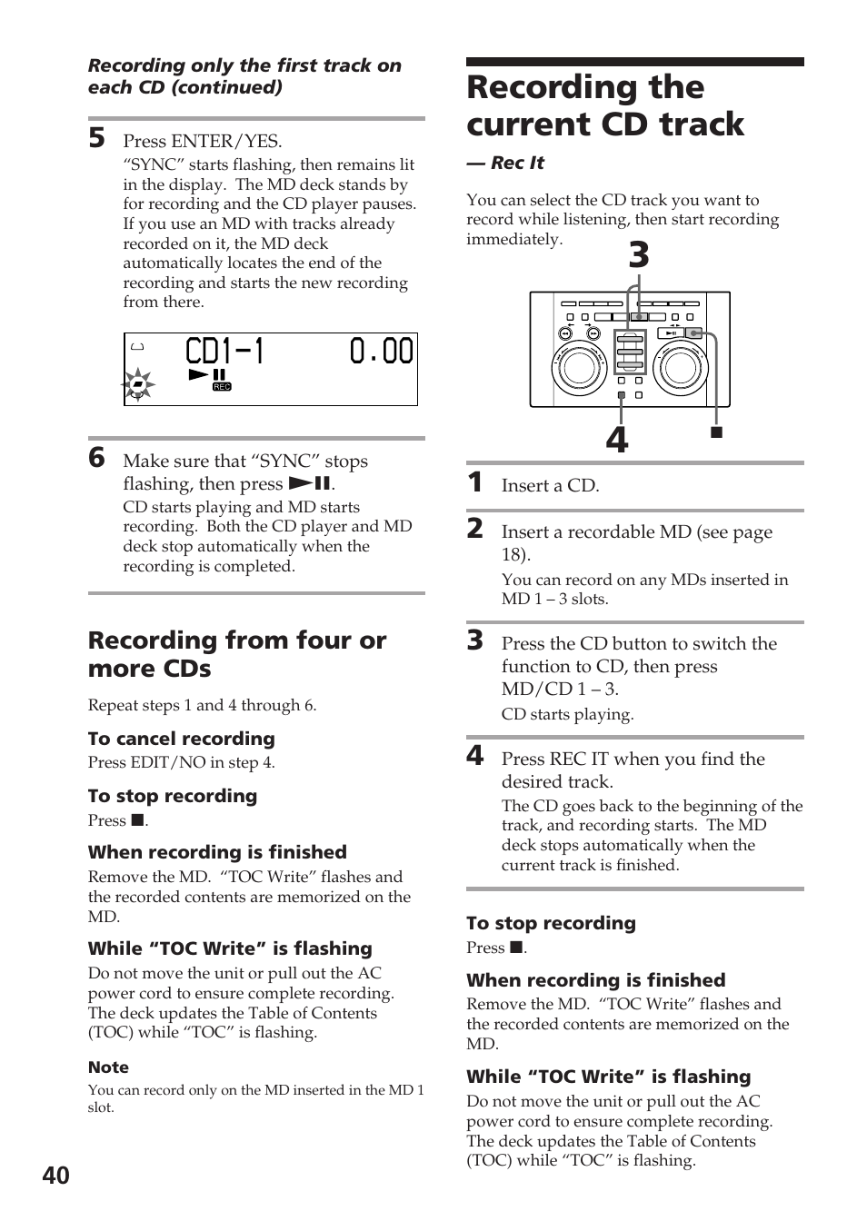 Recording the current cd track, Recording from four or more cds | Sony DHC-MD515 User Manual | Page 40 / 72