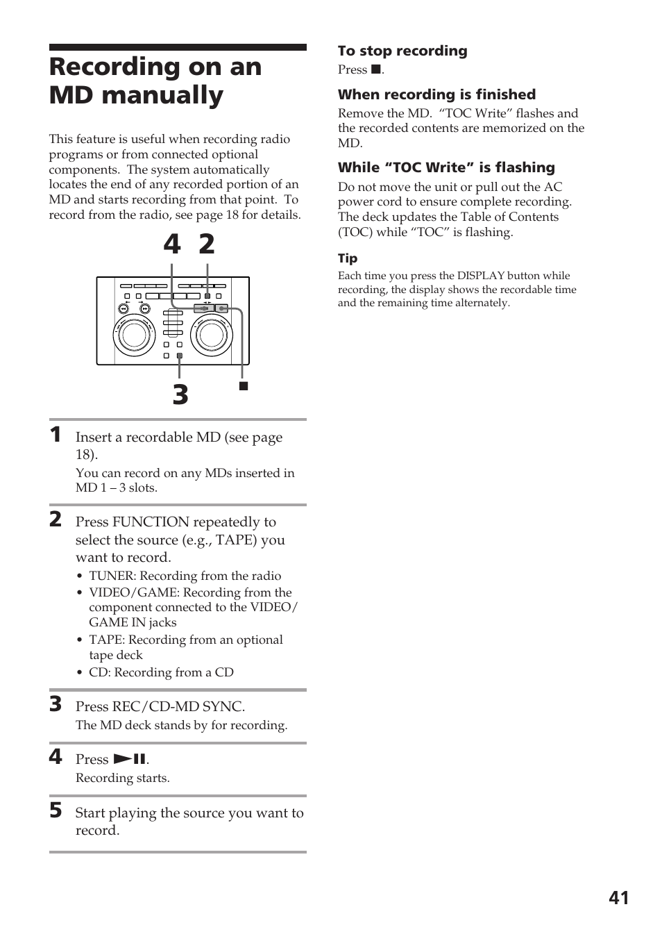 Recording on an md manually | Sony DHC-MD515 User Manual | Page 41 / 72