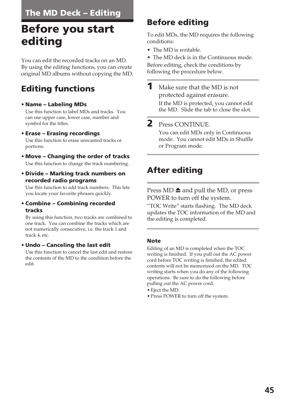 Before you start editing, The md deck – editing, Editing functions | Before editing, After editing | Sony DHC-MD515 User Manual | Page 45 / 72