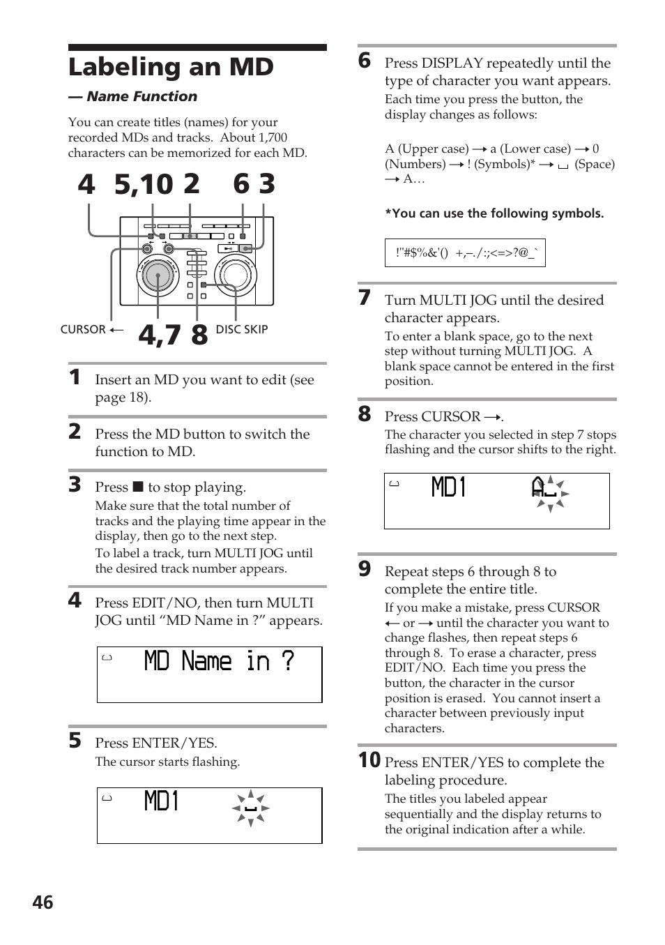 Nam ? e n i md, D1 m, D1 m a | Labeling an md | Sony DHC-MD515 User Manual | Page 46 / 72