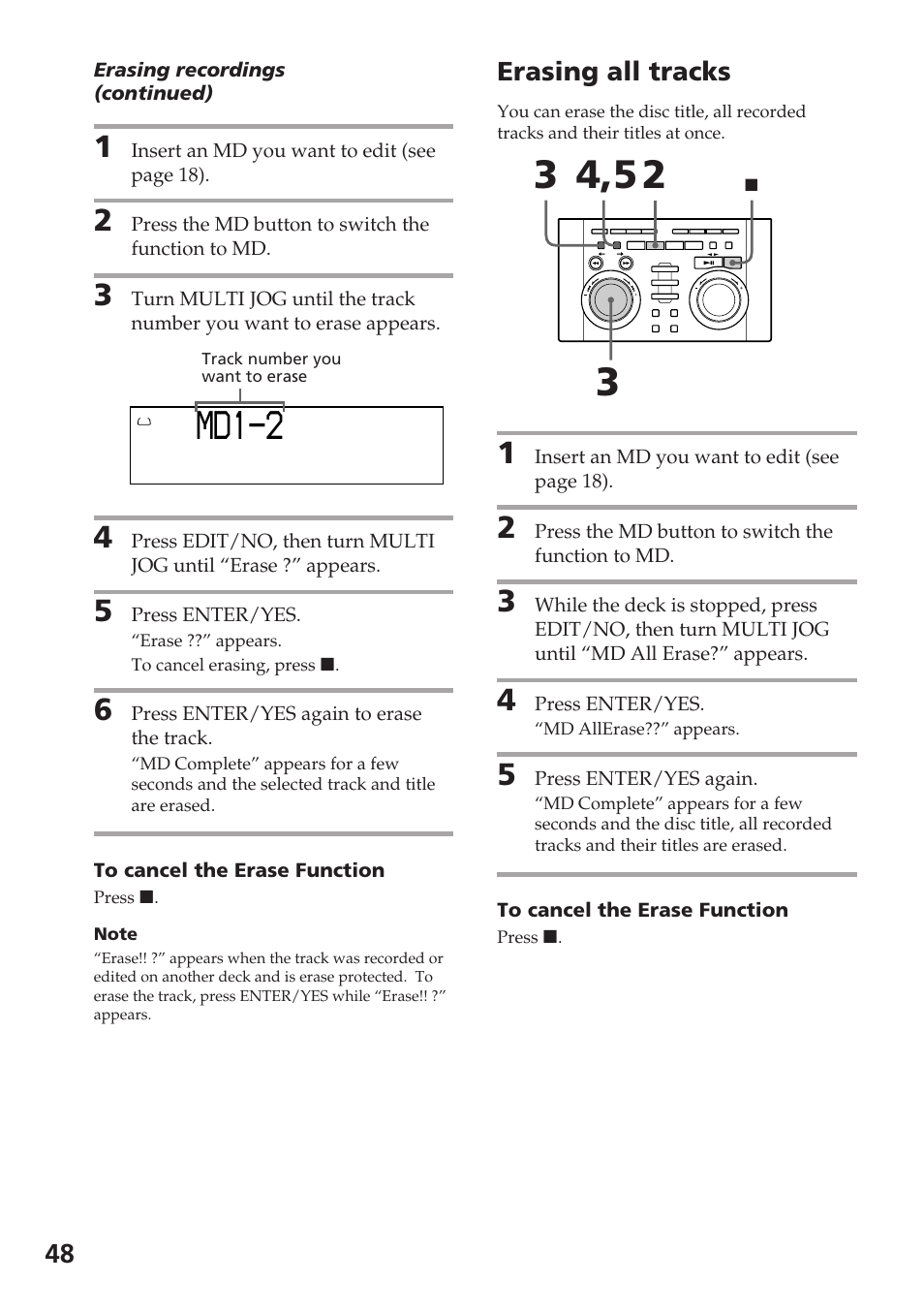 Md1-2, Erasing all tracks | Sony DHC-MD515 User Manual | Page 48 / 72