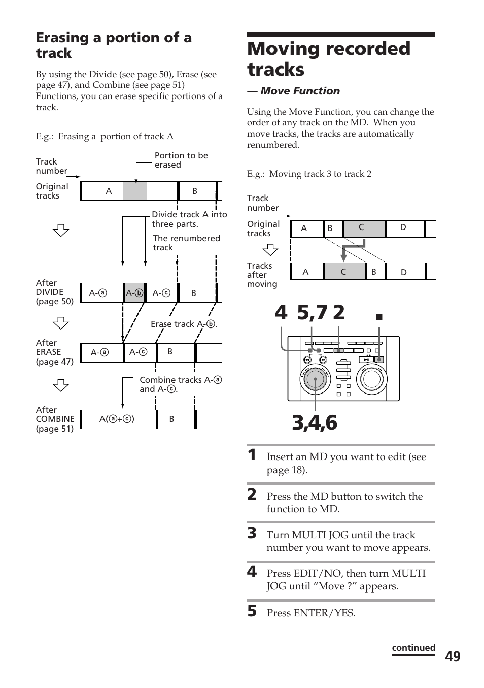 Moving recorded tracks, Erasing a portion of a track | Sony DHC-MD515 User Manual | Page 49 / 72