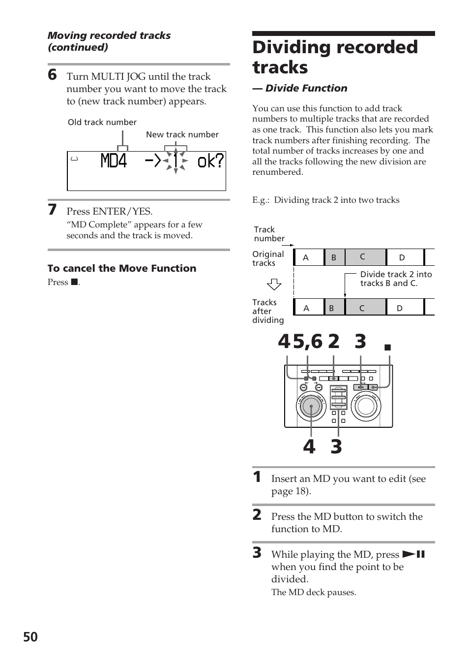 4k 1 -> ? o d m, Dividing recorded tracks | Sony DHC-MD515 User Manual | Page 50 / 72