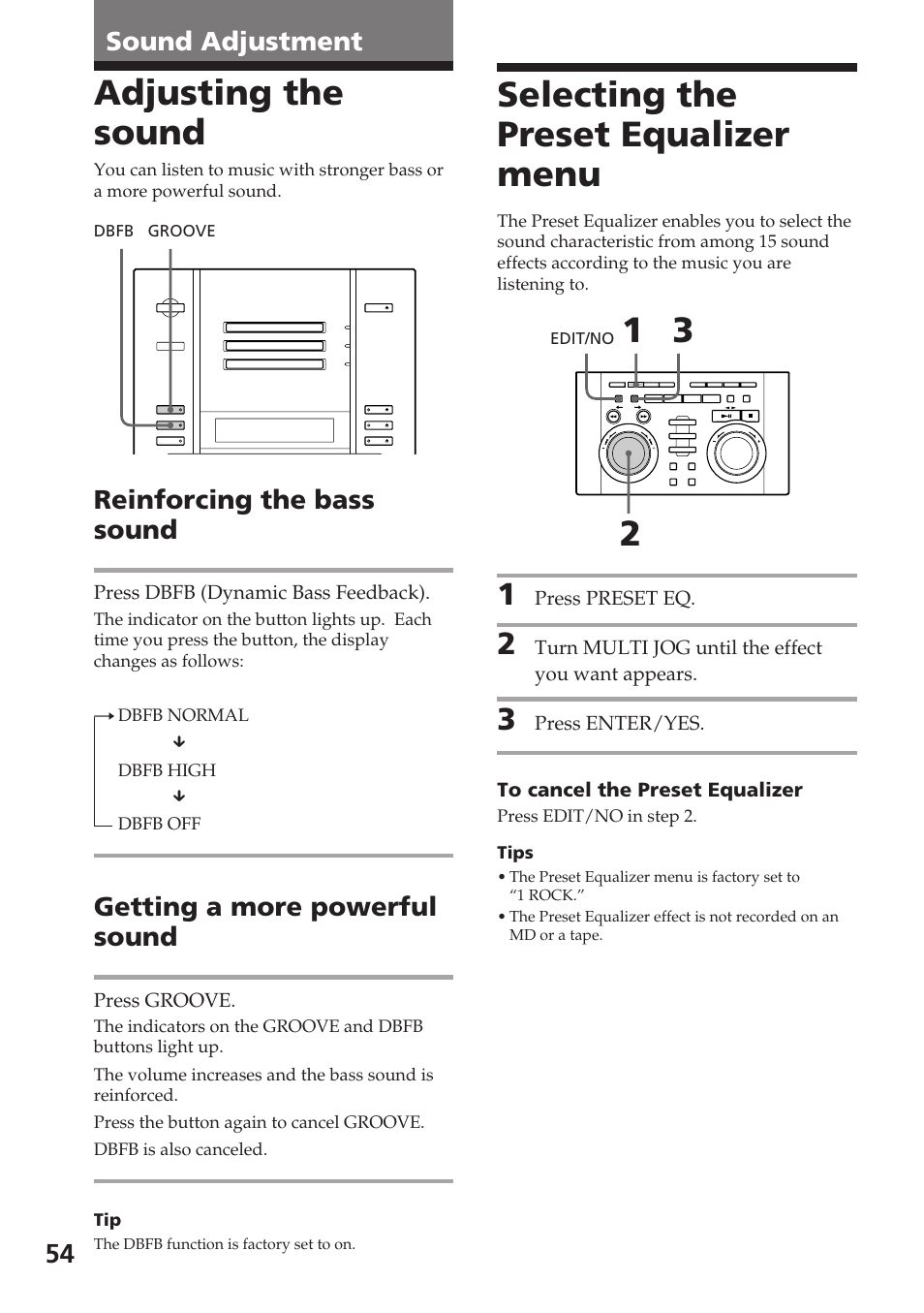 Adjusting the sound, Selecting the preset equalizer menu, 54 sound adjustment | Reinforcing the bass sound, Getting a more powerful sound | Sony DHC-MD515 User Manual | Page 54 / 72
