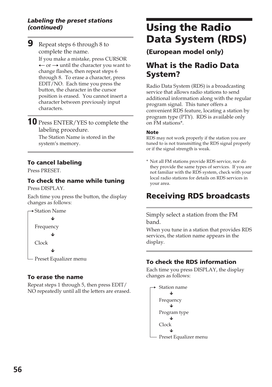 Using the radio data system (rds), What is the radio data system, Receiving rds broadcasts | Sony DHC-MD515 User Manual | Page 56 / 72