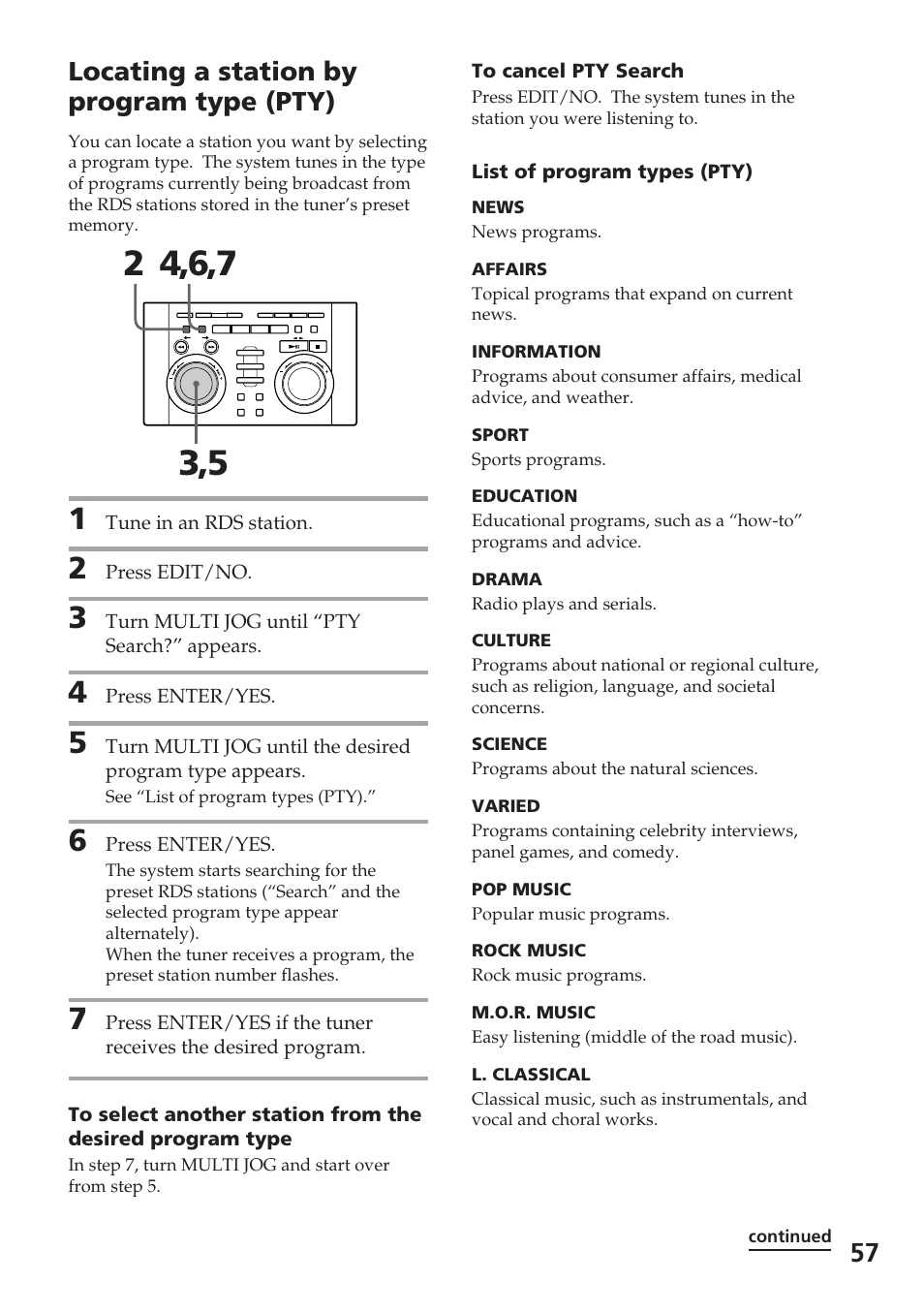 Locating a station by program type (pty) | Sony DHC-MD515 User Manual | Page 57 / 72