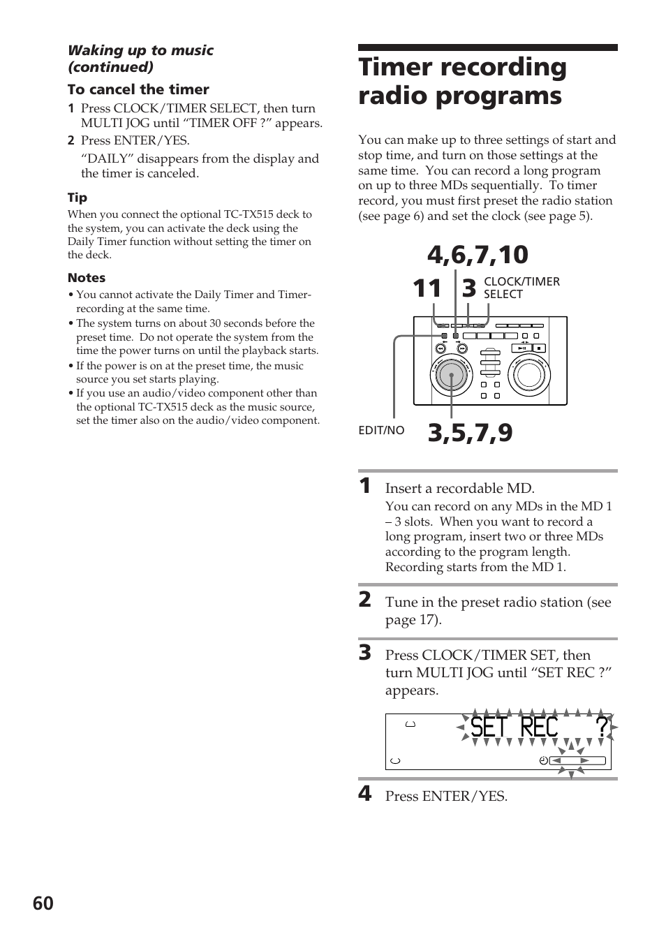 R c e se ? t, Timer recording radio programs | Sony DHC-MD515 User Manual | Page 60 / 72