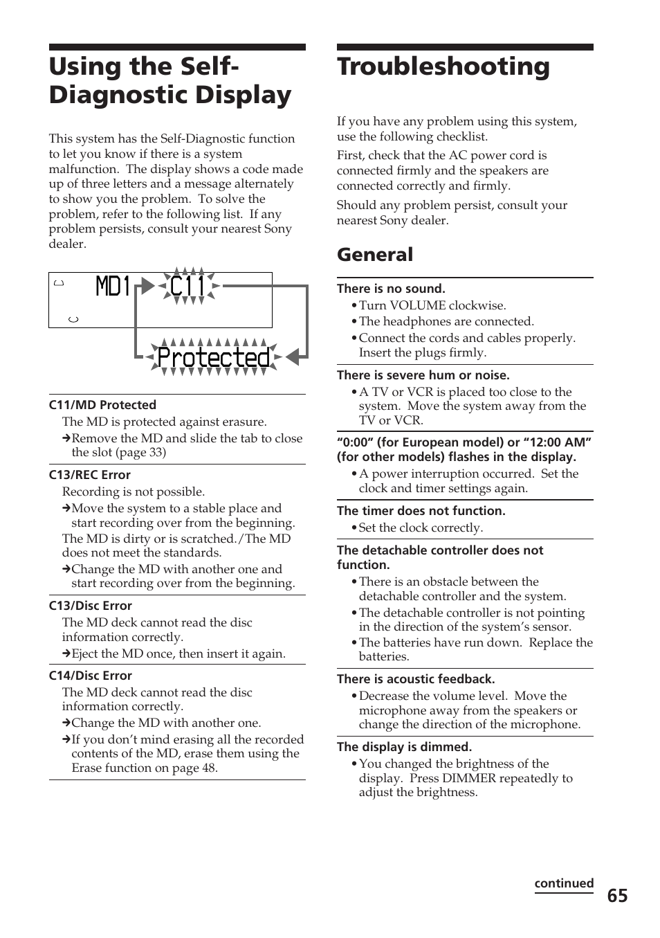 Troubleshooting, Using the self- diagnostic display, General | Sony DHC-MD515 User Manual | Page 65 / 72