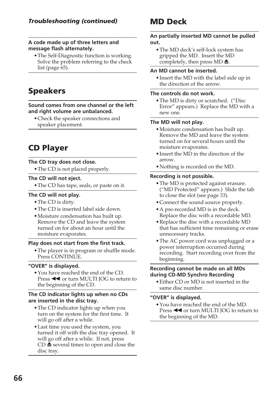 Speakers, Cd player, Md deck | Sony DHC-MD515 User Manual | Page 66 / 72