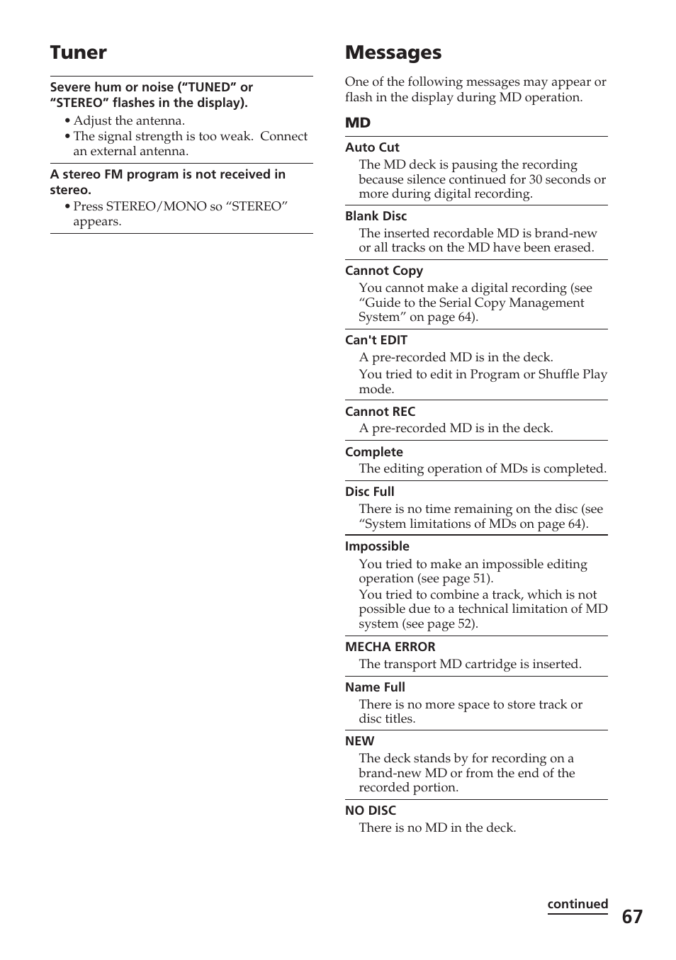 67 messages, Tuner | Sony DHC-MD515 User Manual | Page 67 / 72
