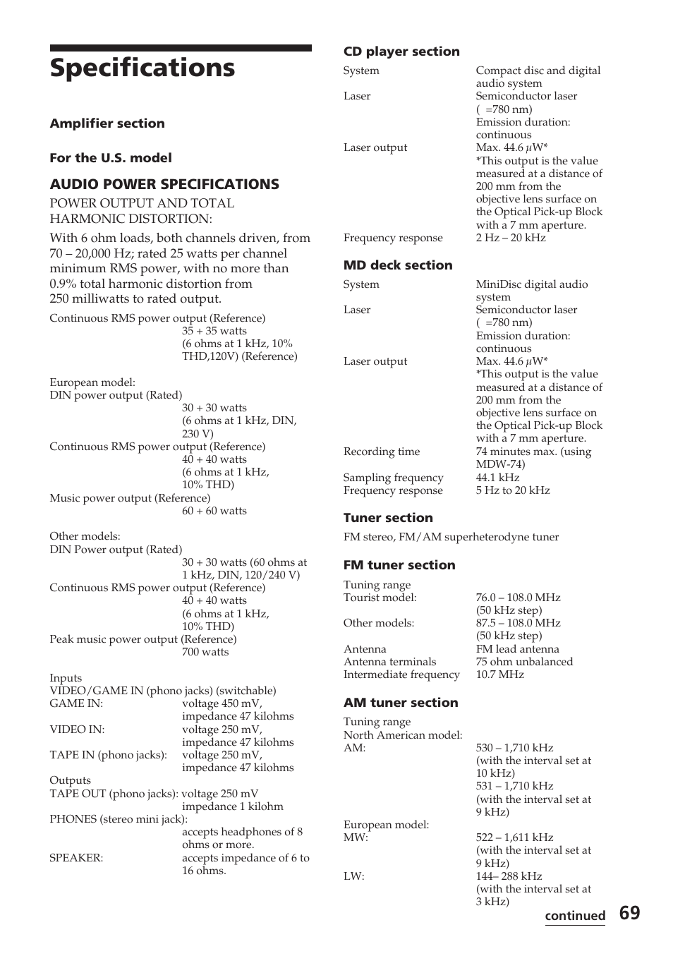 Specifications, Audio power specifications | Sony DHC-MD515 User Manual | Page 69 / 72