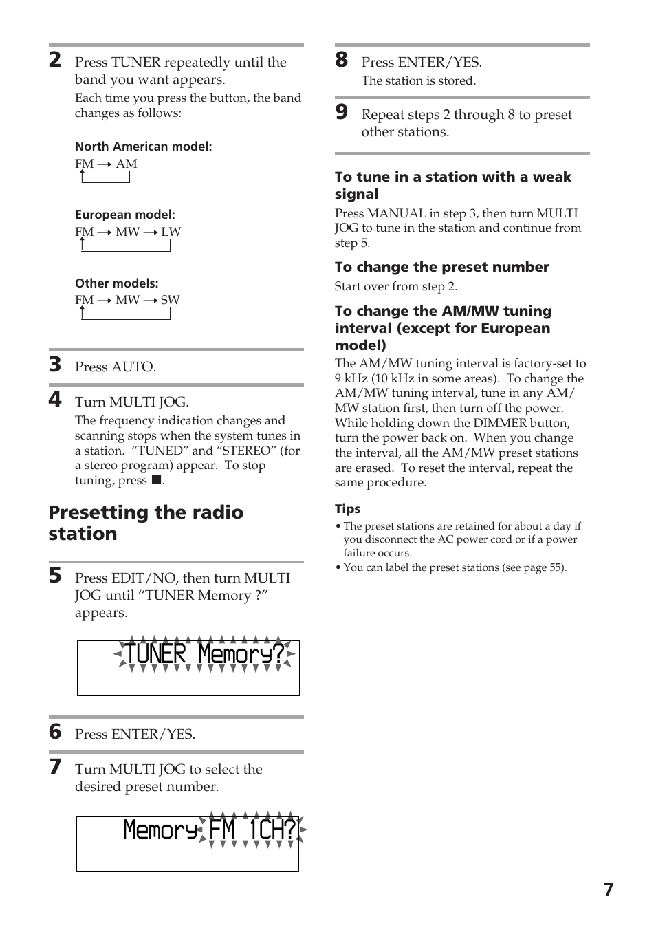 Me ory m ? fm 1ch, Tu me ory m ner | Sony DHC-MD515 User Manual | Page 7 / 72
