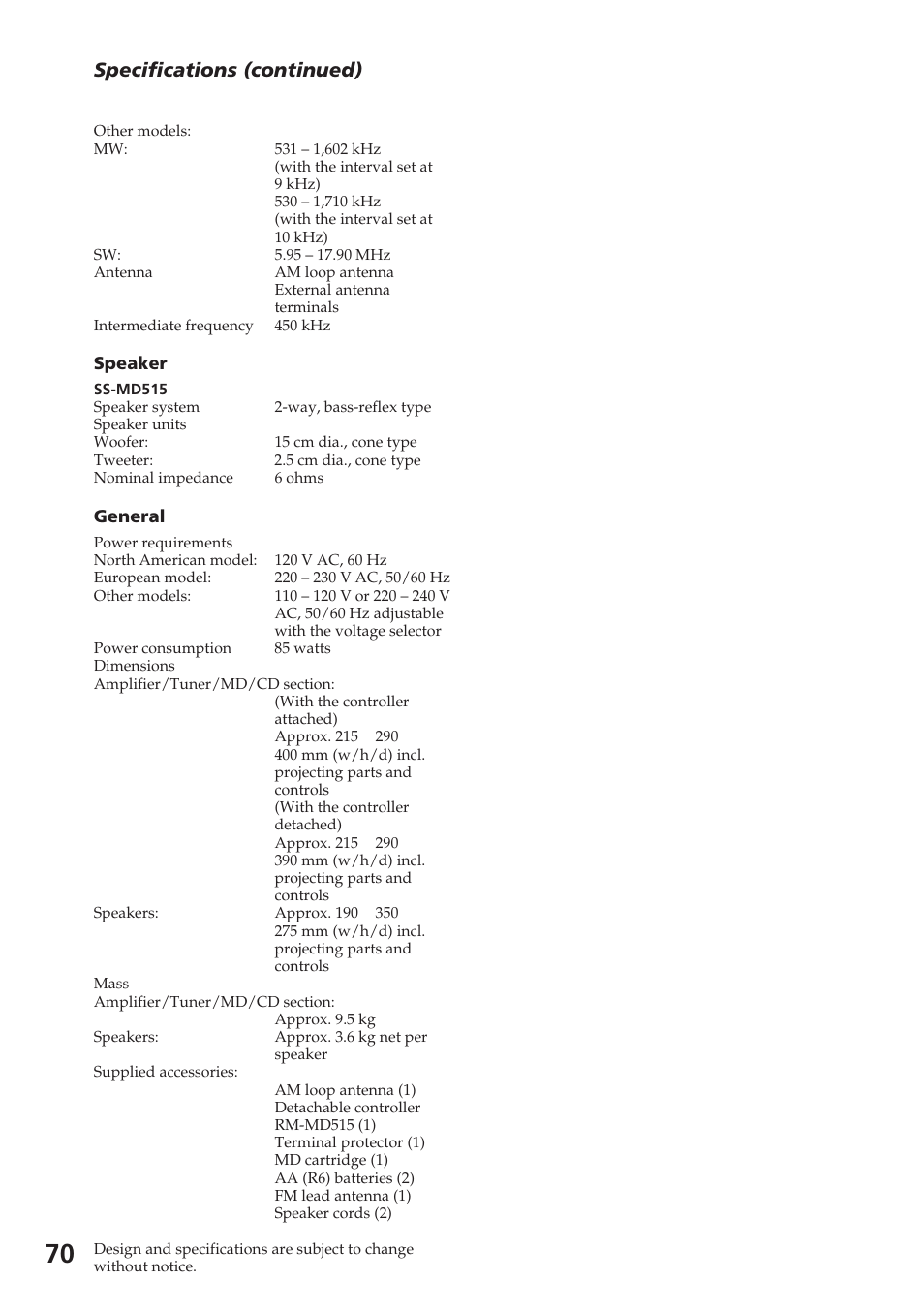 Specifications (continued) | Sony DHC-MD515 User Manual | Page 70 / 72