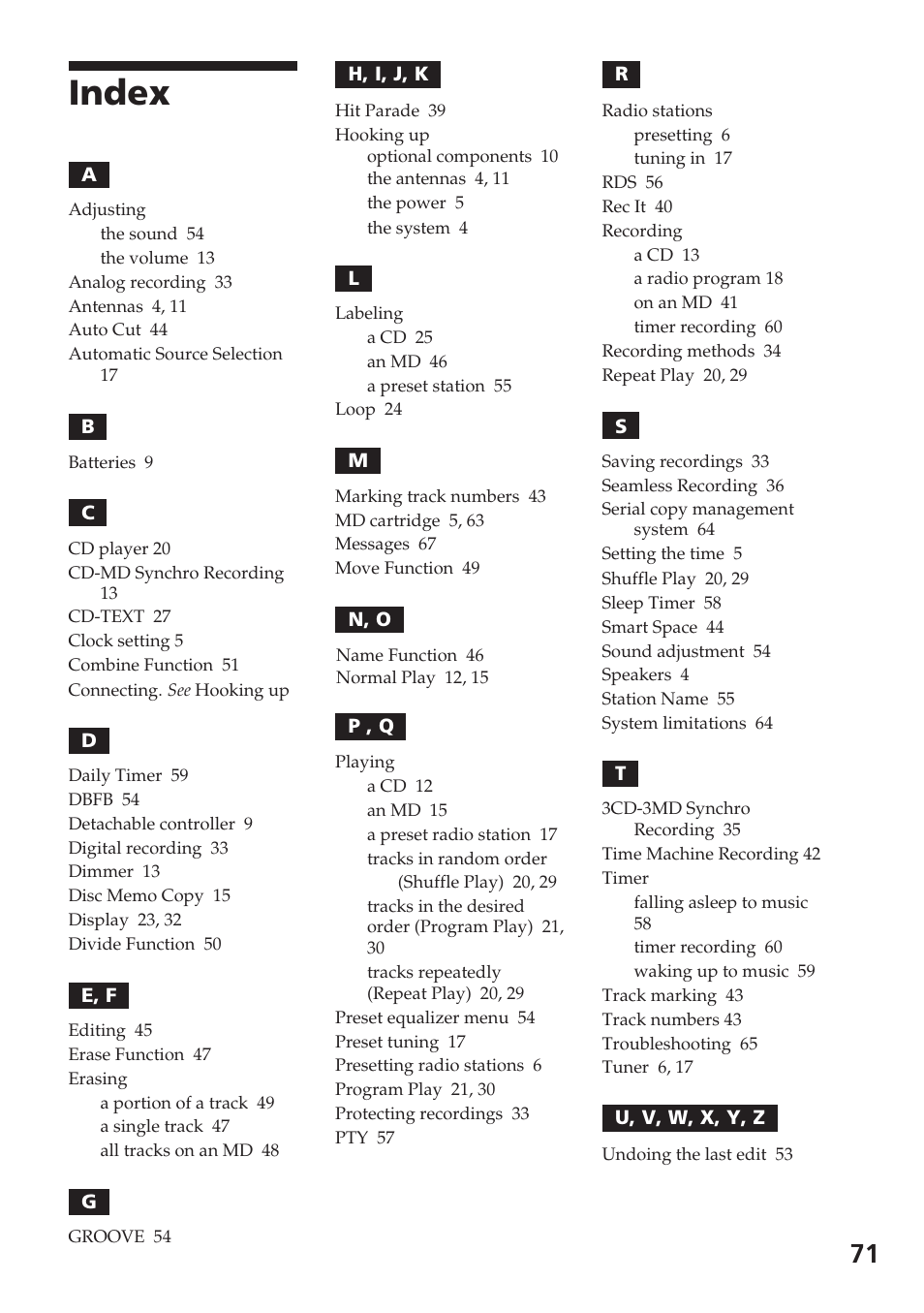 Index | Sony DHC-MD515 User Manual | Page 71 / 72