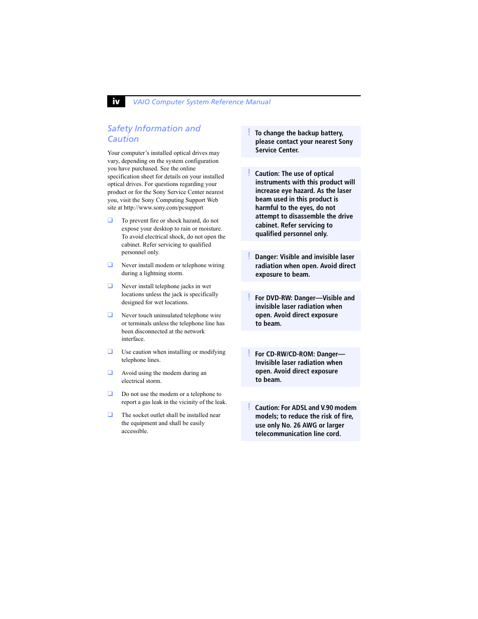 Safety information and caution | Sony PCV-RS310 User Manual | Page 4 / 102