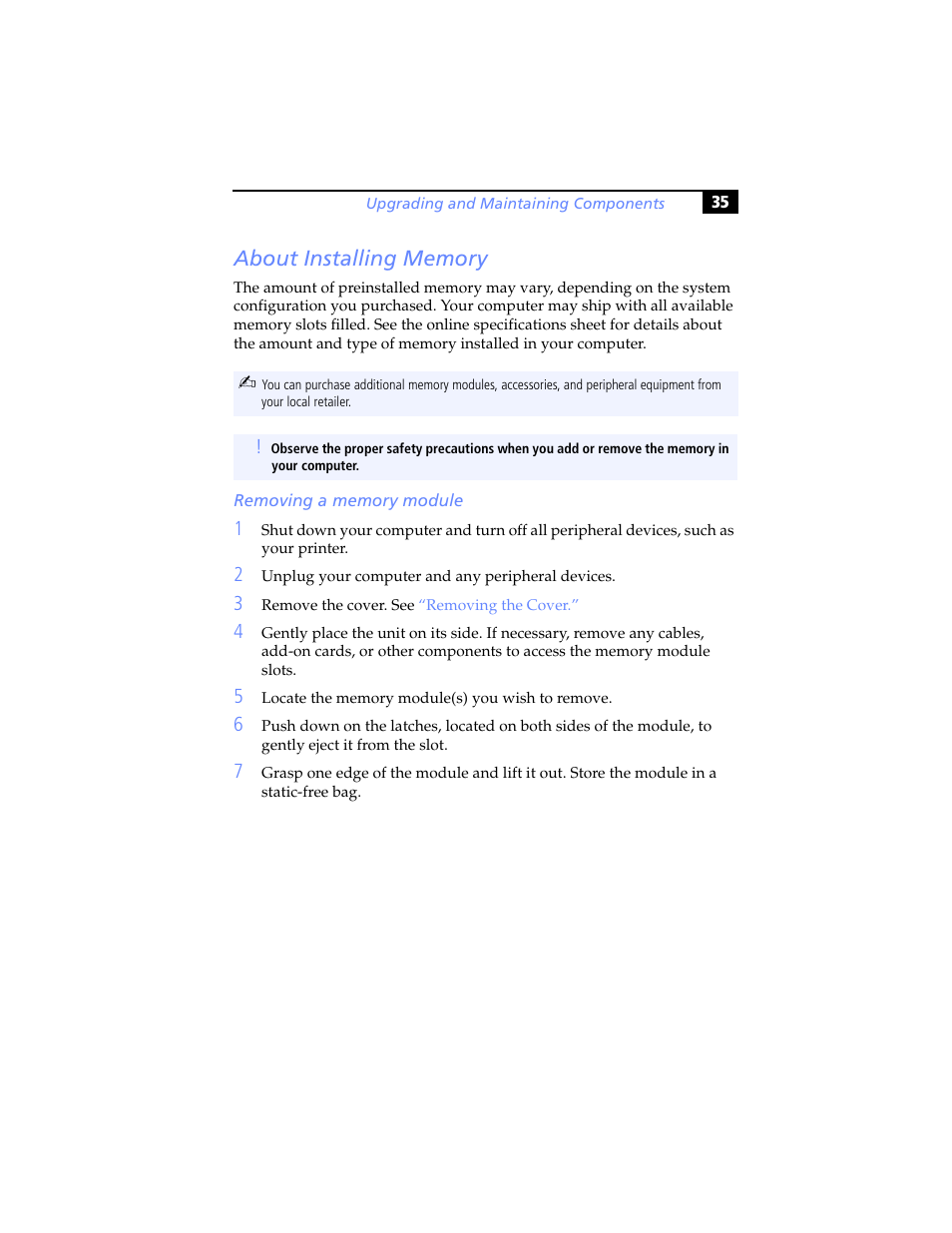 About installing memory, Removing a memory module | Sony PCV-RS310 User Manual | Page 49 / 102