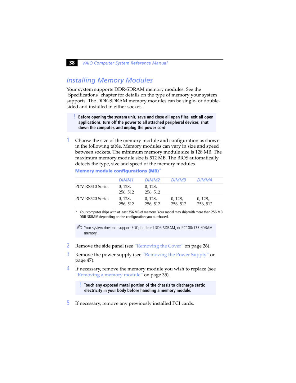 Installing memory modules | Sony PCV-RS310 User Manual | Page 52 / 102