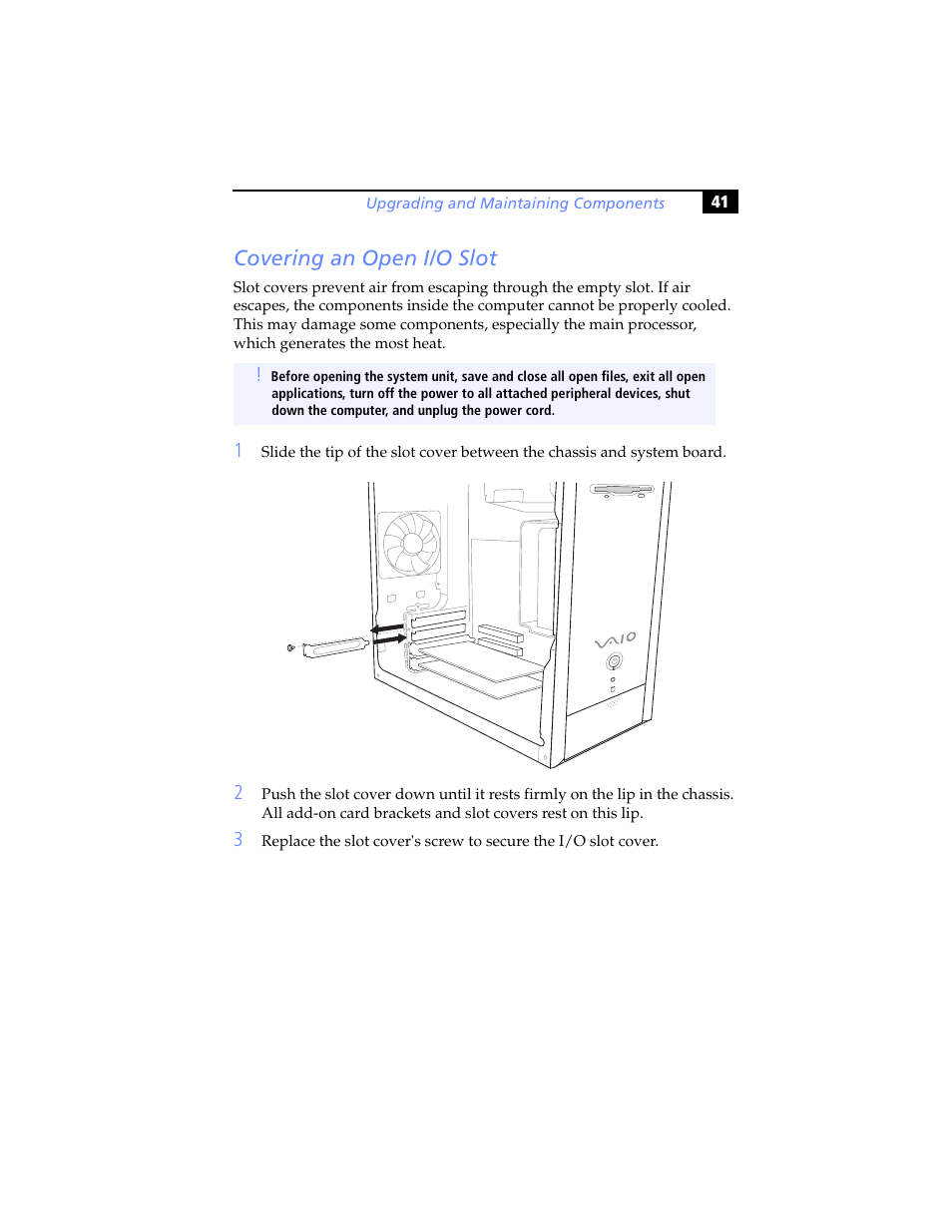 Covering an open i/o slot | Sony PCV-RS310 User Manual | Page 55 / 102