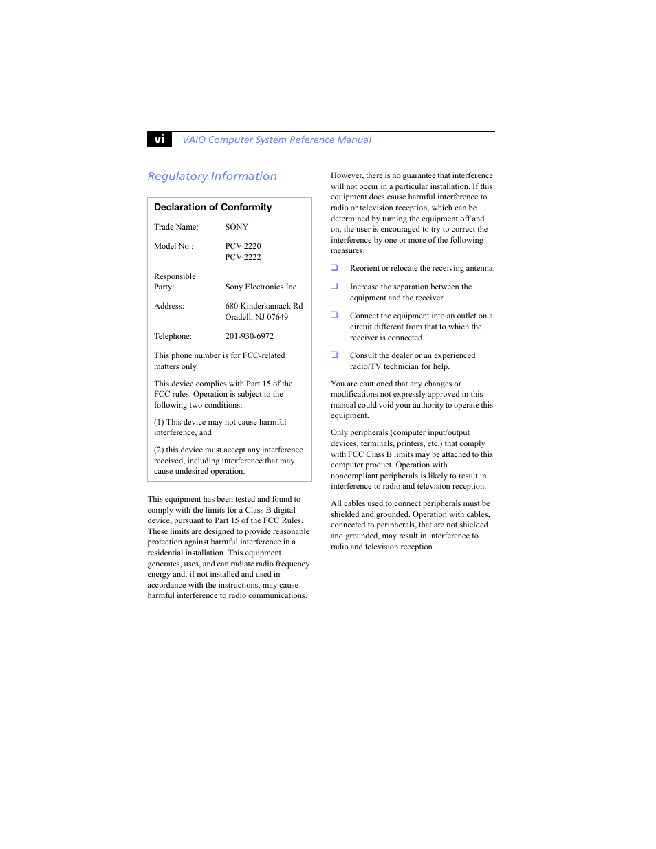 Regulatory information, Vi regulatory information | Sony PCV-RS310 User Manual | Page 6 / 102