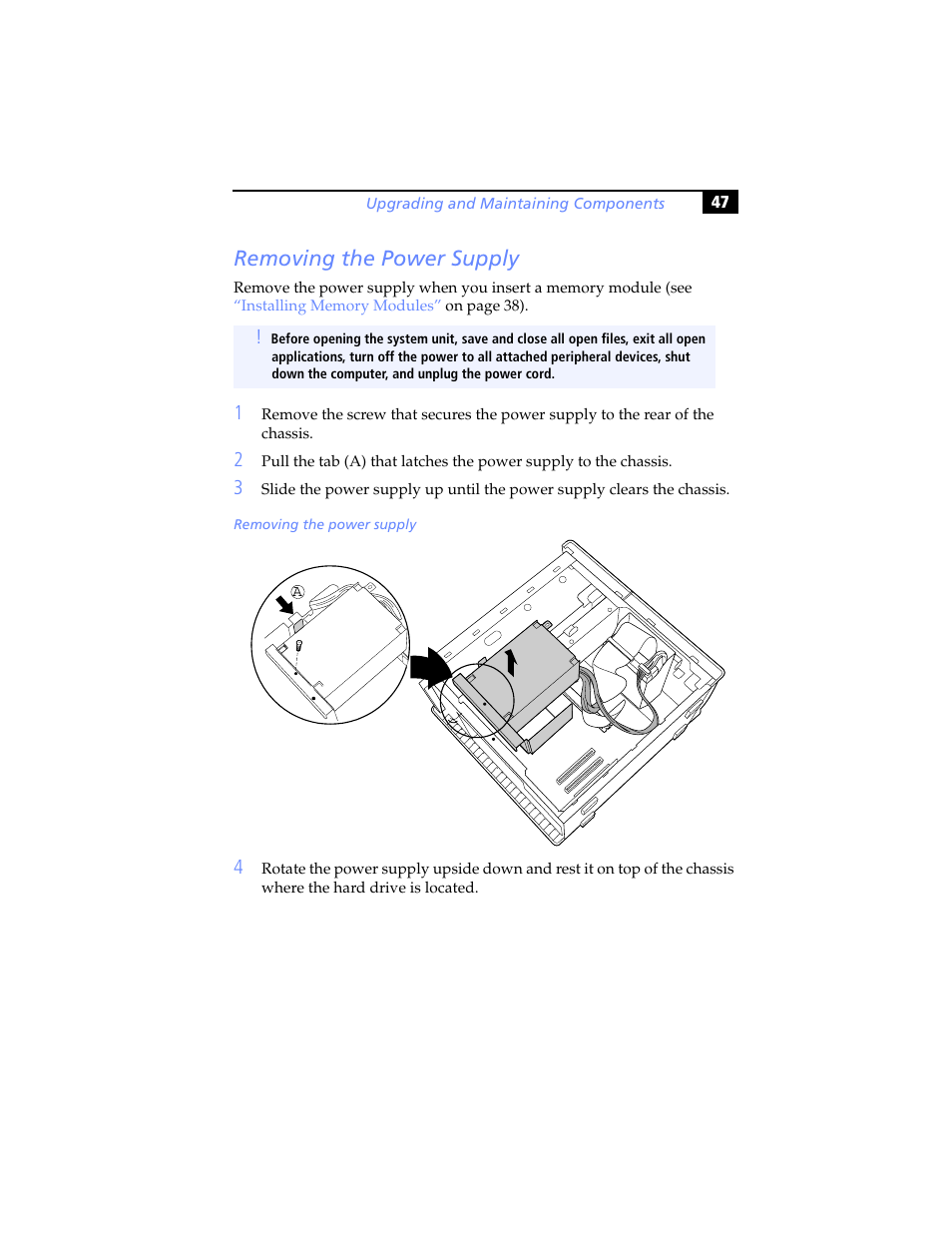 Removing the power supply | Sony PCV-RS310 User Manual | Page 61 / 102