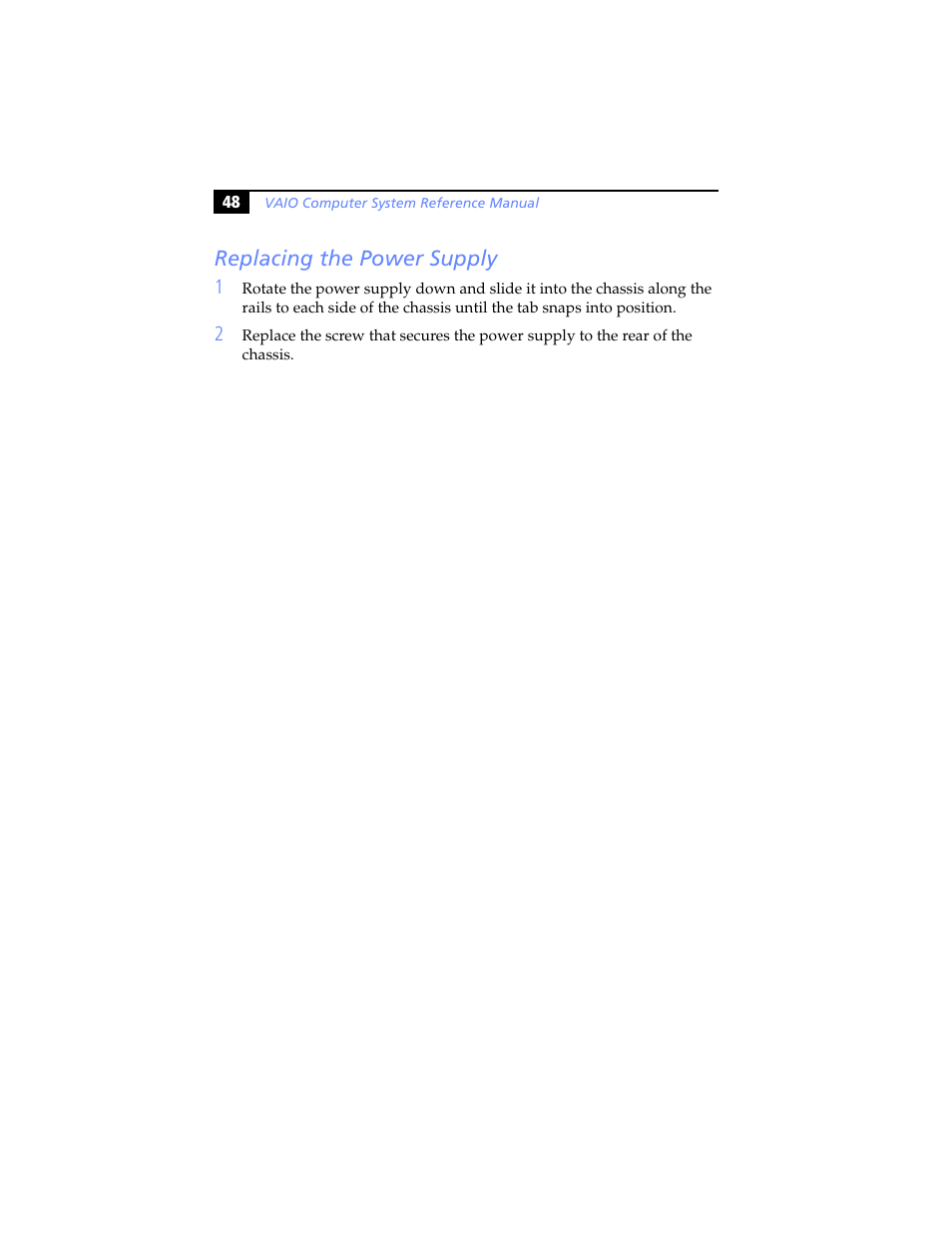 Replacing the power supply | Sony PCV-RS310 User Manual | Page 62 / 102