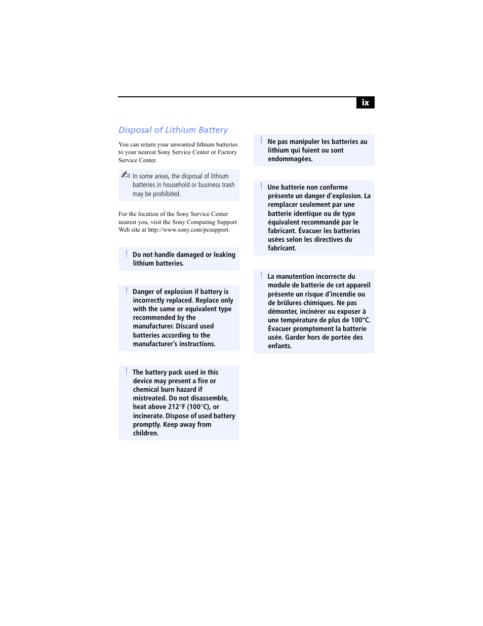 Disposal of lithium battery | Sony PCV-RS310 User Manual | Page 9 / 102