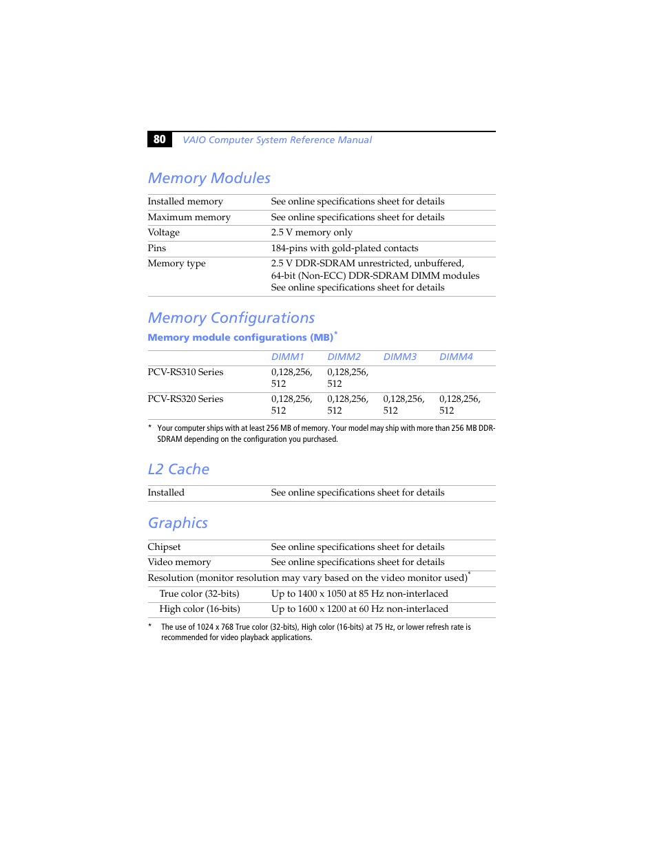 Memory modules, Memory configurations, L2 cache | Graphics | Sony PCV-RS310 User Manual | Page 94 / 102