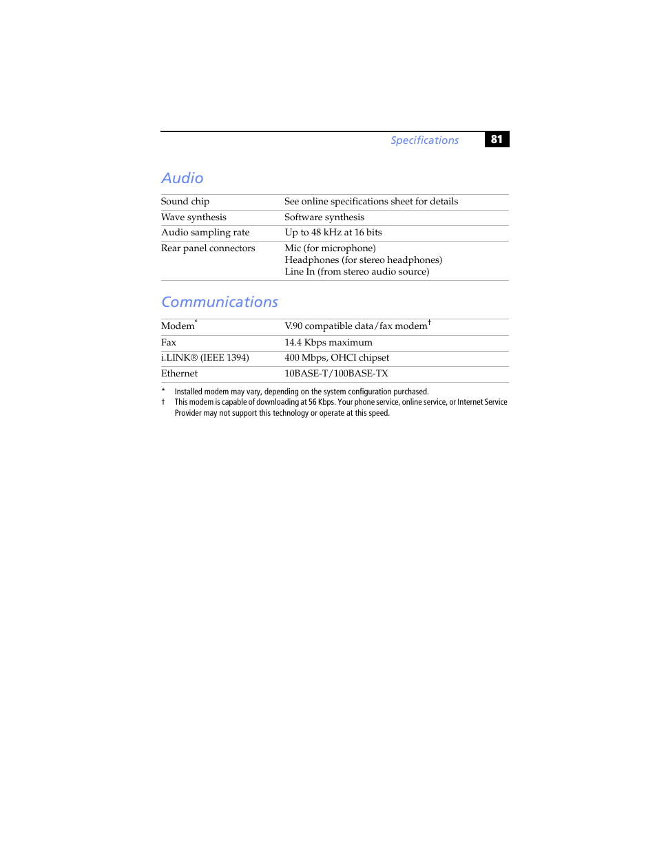 Audio, Communications, Audio communications | Sony PCV-RS310 User Manual | Page 95 / 102