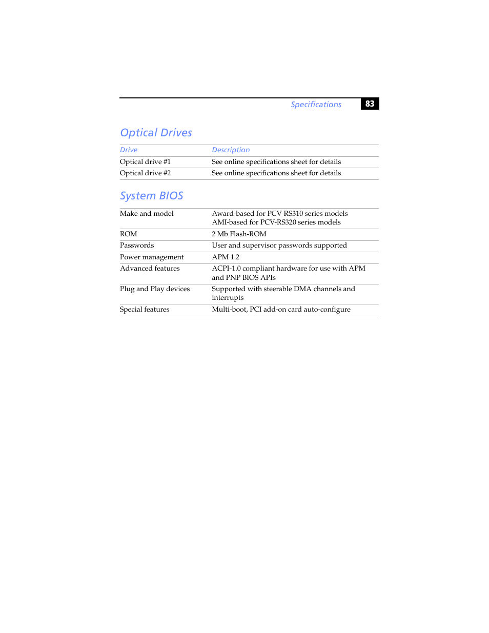 Optical drives, System bios, Optical drives system bios | Sony PCV-RS310 User Manual | Page 97 / 102