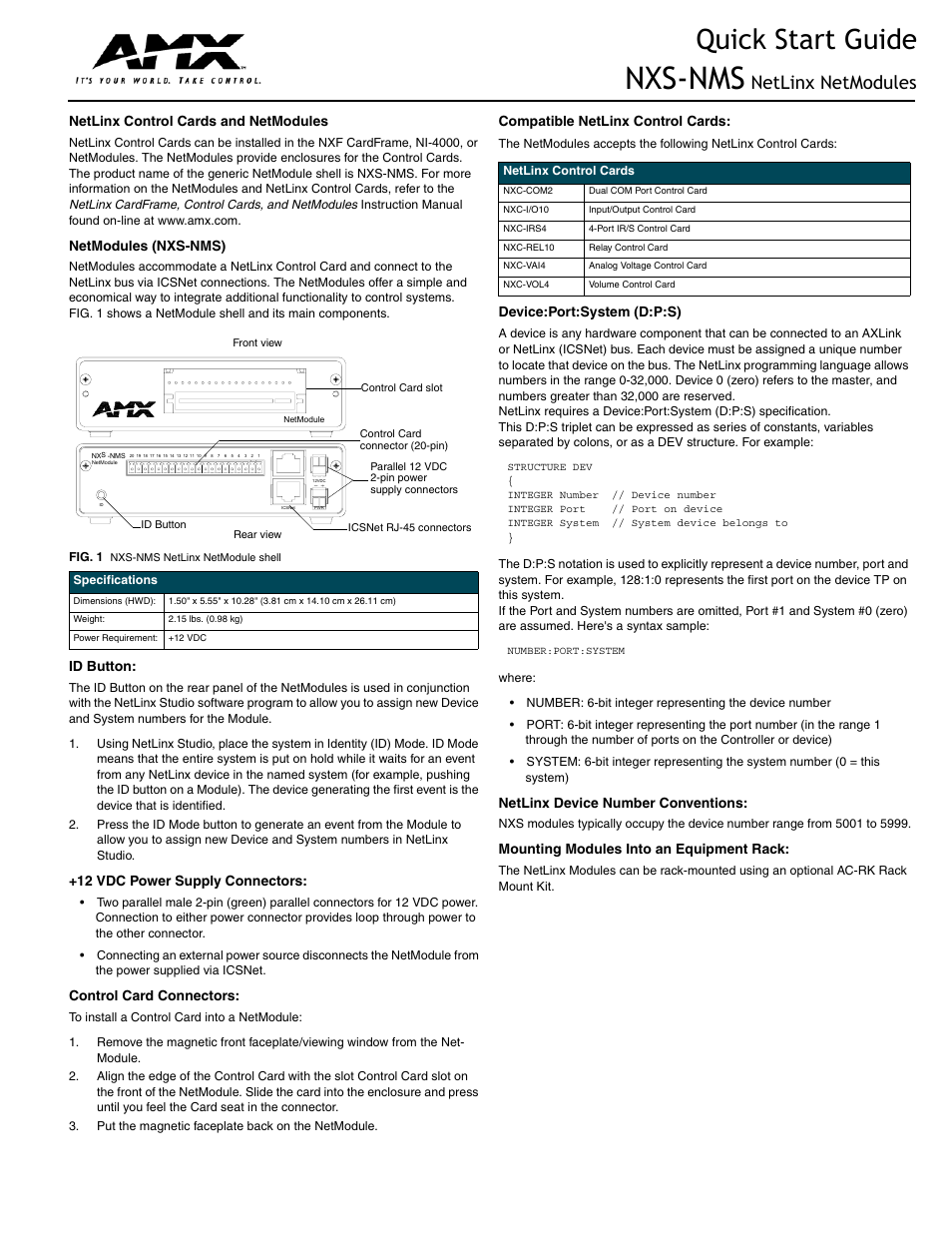 AMX NetLinx NetModules NXS-NMS User Manual | 2 pages