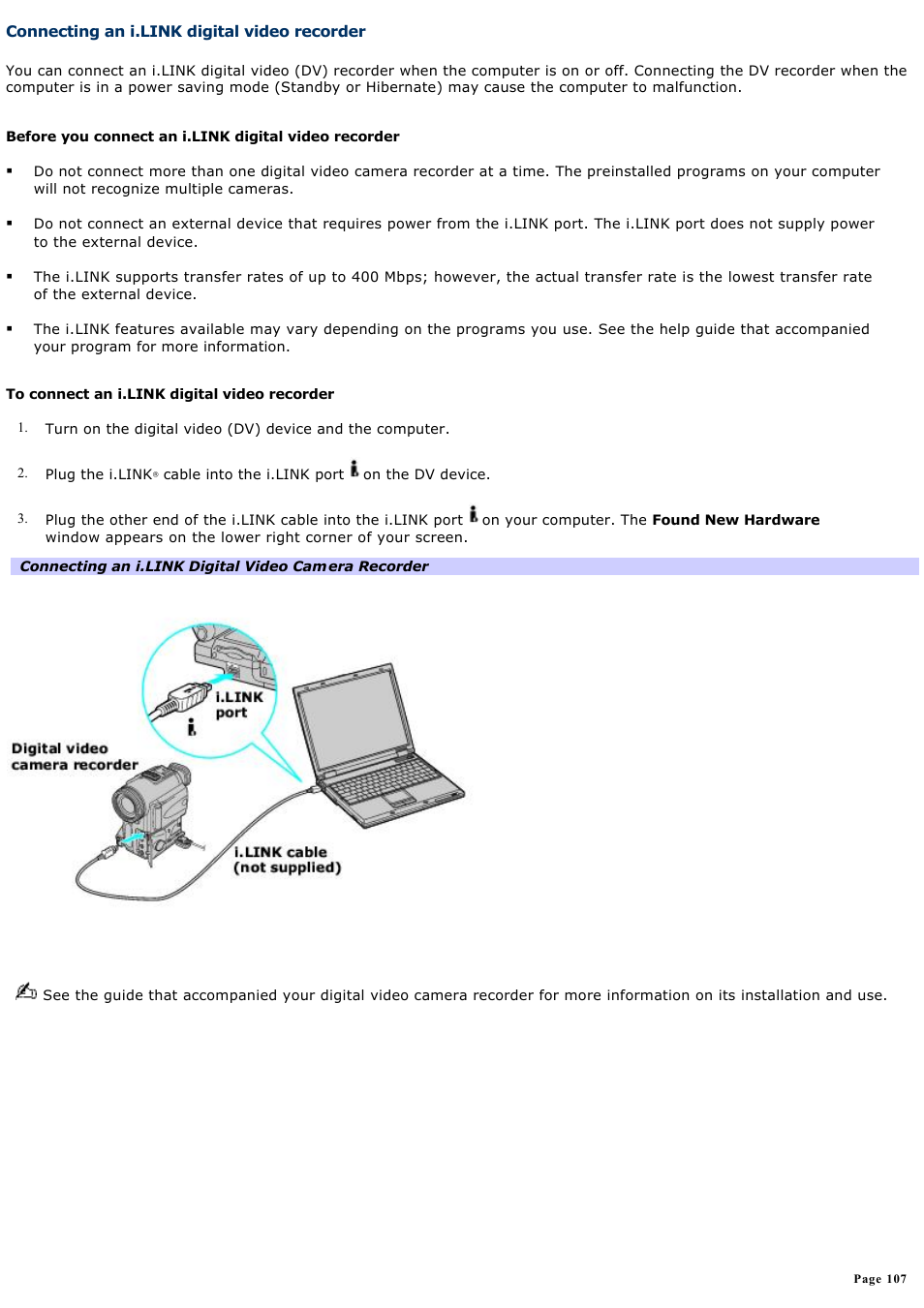 Connecting an i.link digital video recorder | Sony PCG-GRZ610 User Manual | Page 107 / 164