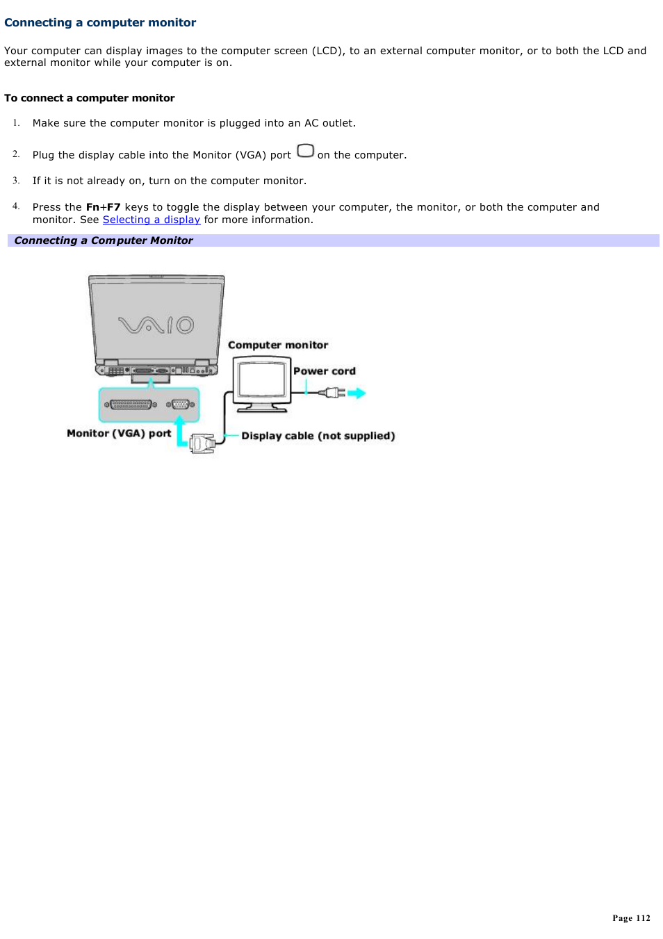 Connecting a computer monitor | Sony PCG-GRZ610 User Manual | Page 112 / 164