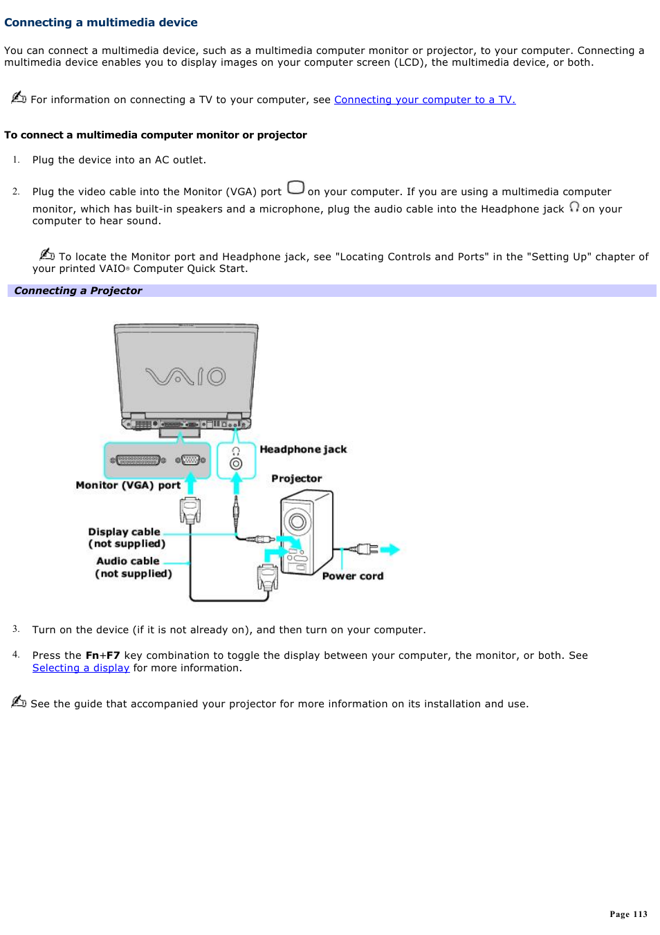 Connecting a multimedia device | Sony PCG-GRZ610 User Manual | Page 113 / 164