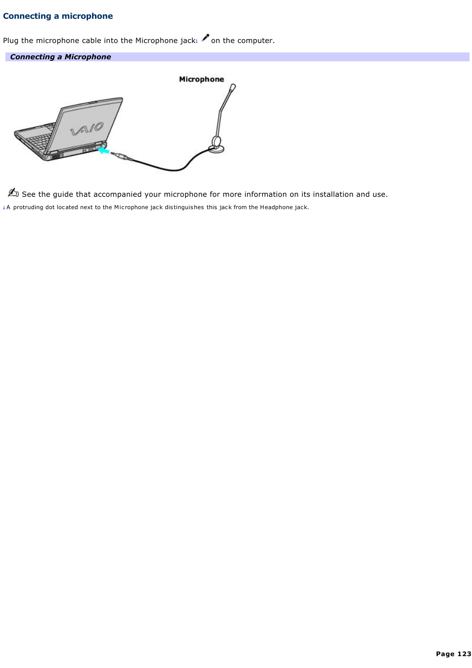 Connecting a microphone | Sony PCG-GRZ610 User Manual | Page 123 / 164