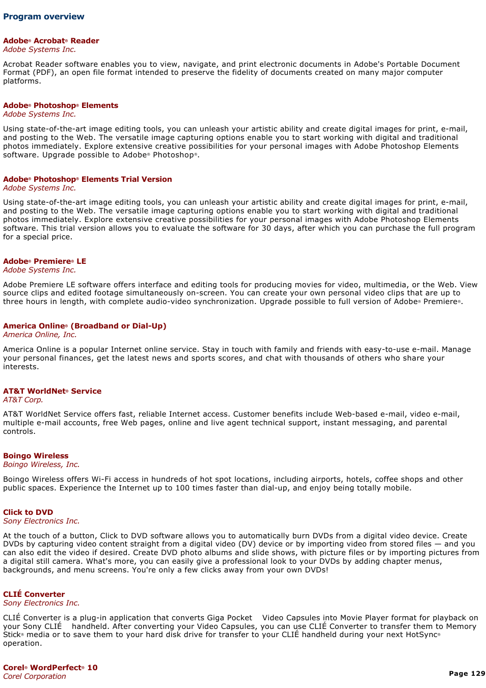 Program overview, Section, depending on the | Sony PCG-GRZ610 User Manual | Page 129 / 164